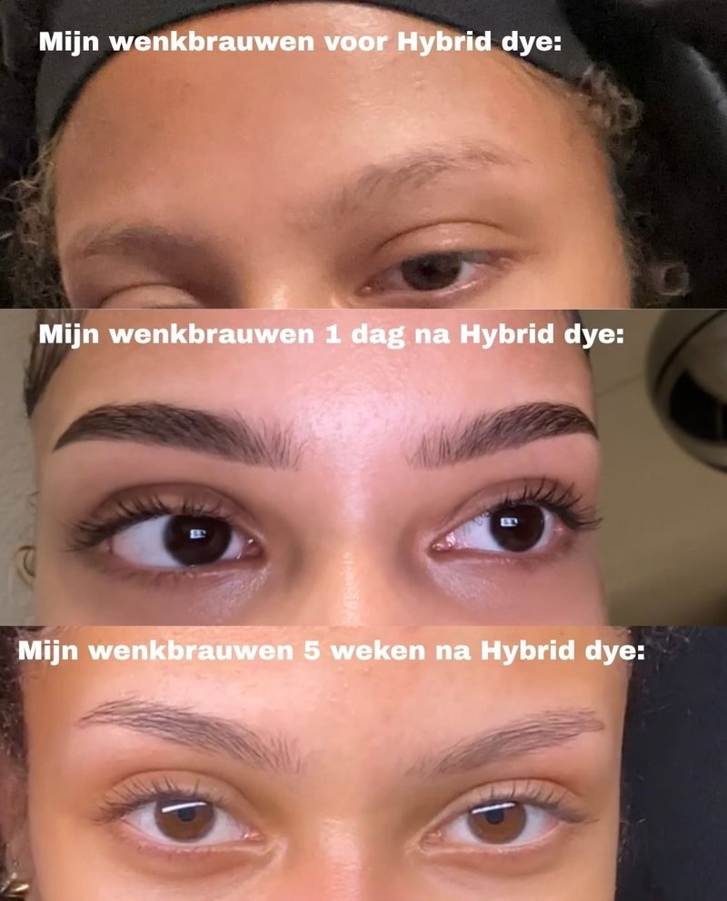 Dezelfde wenkbrauwen voor hybrid dye, een dag erna en vijf weken erna